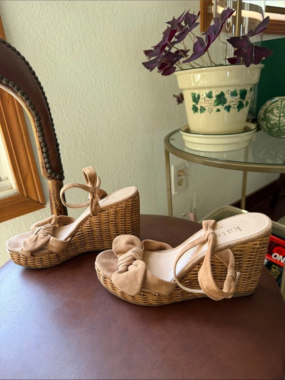 kate spade Tan Suede Knot Wedge Sandals